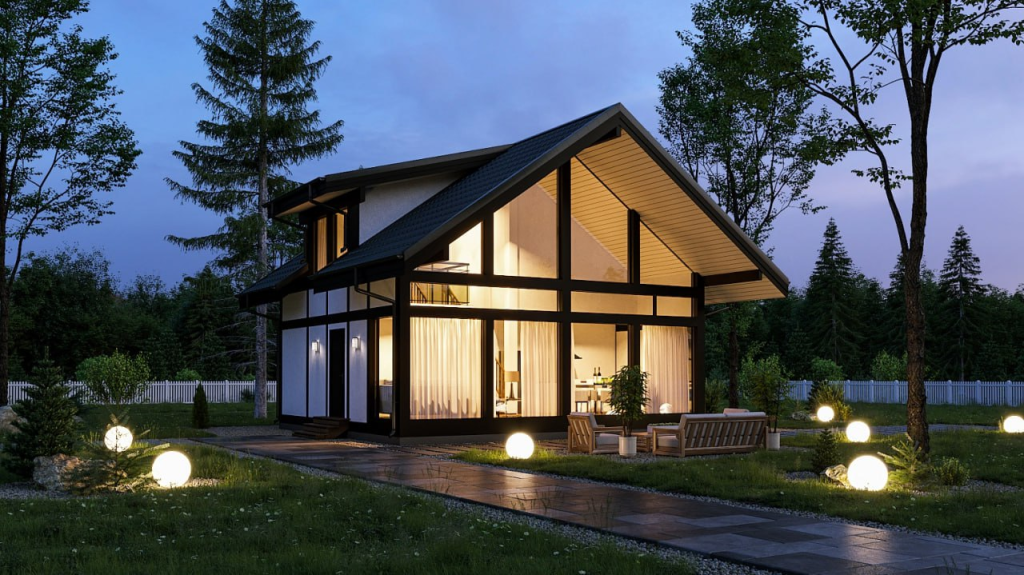 Фахверный дом с элементами стиля шале и двускатной крышей