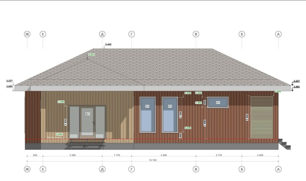 Эскиз фасада с габаритами.