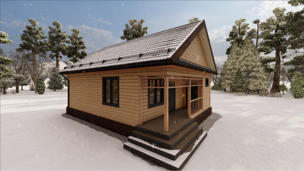 Двускатная крыша с уклоном 35-45°. То, что надо для схода снега.